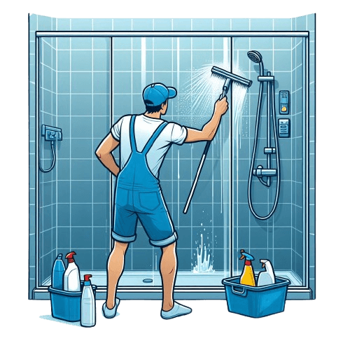 A man in a plumber uniform cleaning a shower glass with a squeegee in his right hand and shower glass cleaners around him