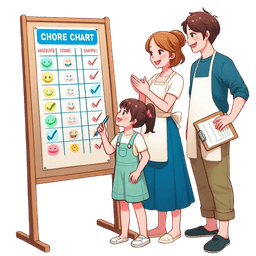 A happy family looking at Chore Chart