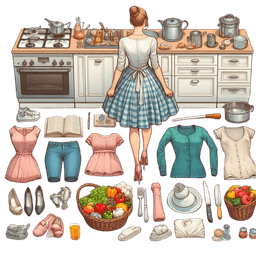 An illustration of a housewife staying in front of a kitchen and there is a lot of stuff laying around, like closes, food, etc.