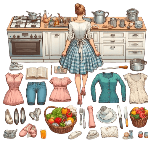An illustration of a housewife staying in front of a kitchen and there is a lot of stuff laying around, like closes, food, etc.