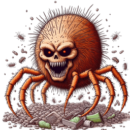 A scary illustration of a dust mite which looks like a hairy skull with spider legs staying on a pile of dust particles and other garbage