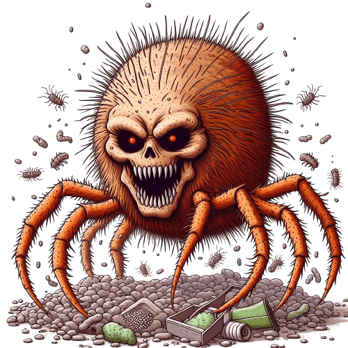 A scary illustration of a dust mite which looks like a hairy skull with spider legs staying on a pile of dust particles and other garbage