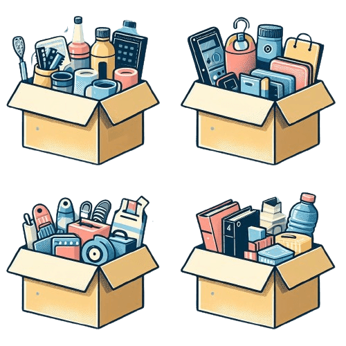 An illustration of four boxes staffed with different items