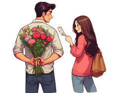 A girl showing a ticket and a young man ready to give flowers
