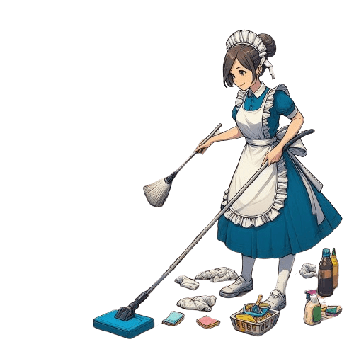 A made drawn in illustrative style holds a mop in the left hand and a duster in the right hand