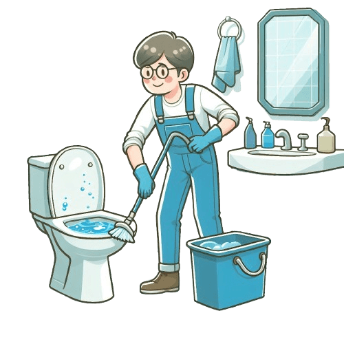 Young man in a plumber uniform and rubber gloves cleaning a toilet an a bathroom