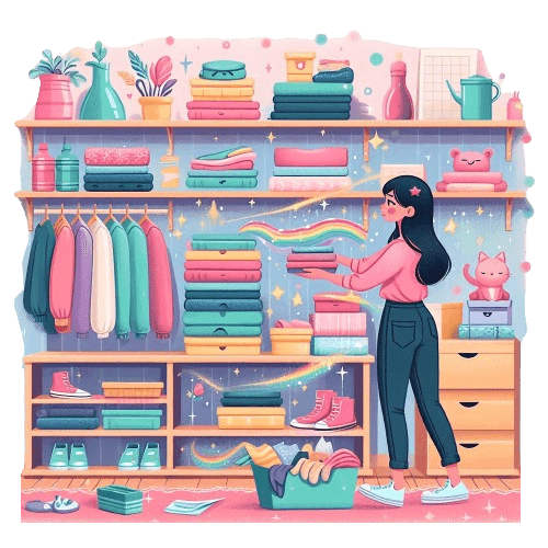 An illustration of a woman using KonMari Method to declutter a room