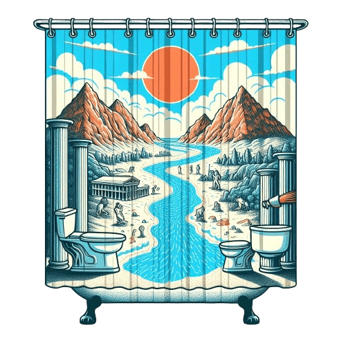An illustration of a shower curtain and a bathtub behind it.