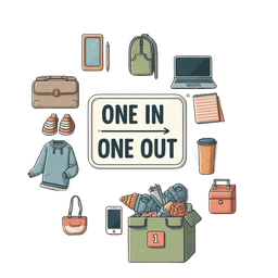 An illustration of "one in, one out" rule. Looks like "One in, One out" sign and some closes, bags and electronics around it