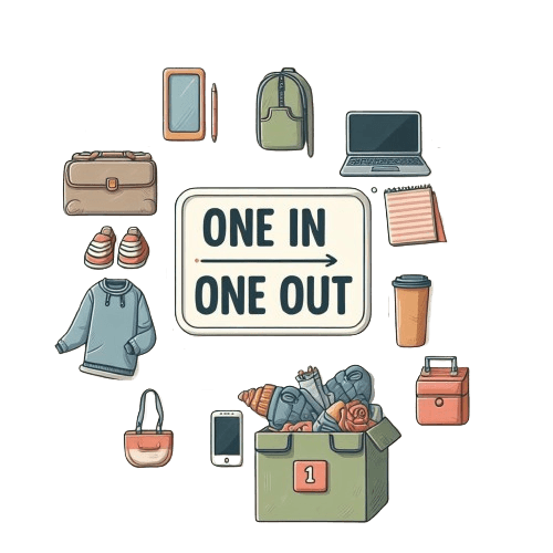 An illustration of "one in, one out" rule. Looks like "One in, One out" sign and some closes, bags and electronics around it