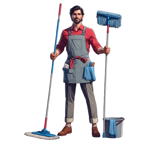 A man with mops in his hands ready for Home Management